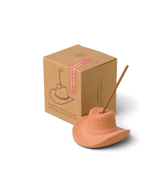 Terracotta cowboy hat incense holder with incense stick and brown box packaging