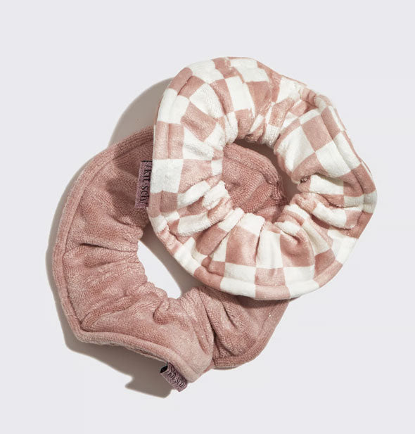 Set of two microfiber hair scrunchies in muted terracotta solid and muted terracotta and white checker print