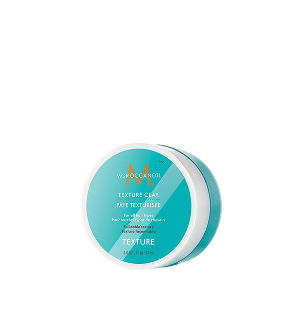 Teal and white 2.6 ounce pot of Moroccanoil Texture Clay