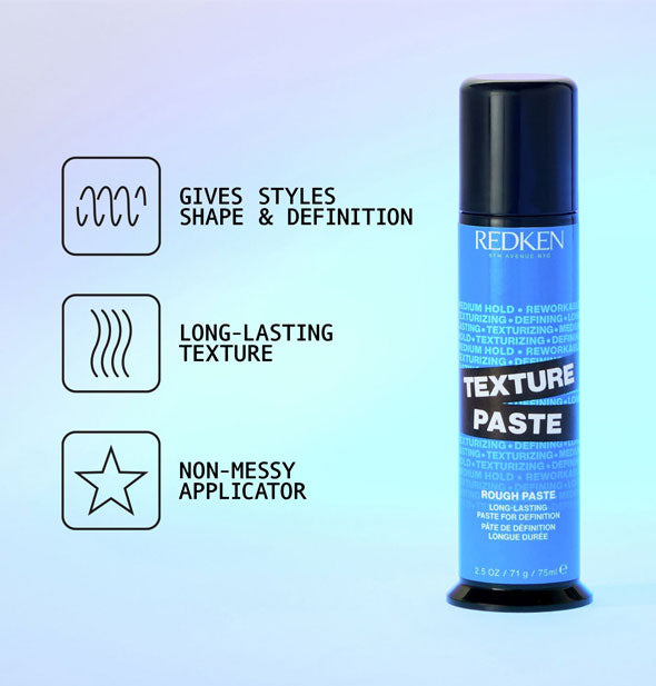 Bottle of Redken Texture Paste is labeled with its key benefits: Gives styles shape & definition; Long-lasting texture; Non-messy applicator