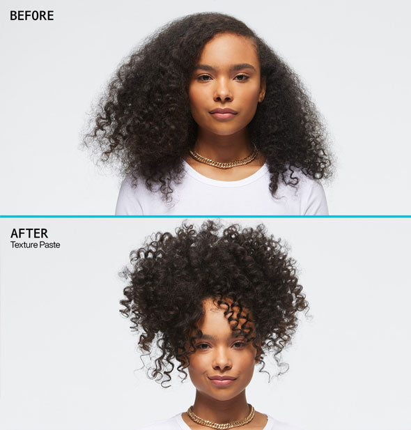 Model's hair before and after styling with Redken Texture Paste
