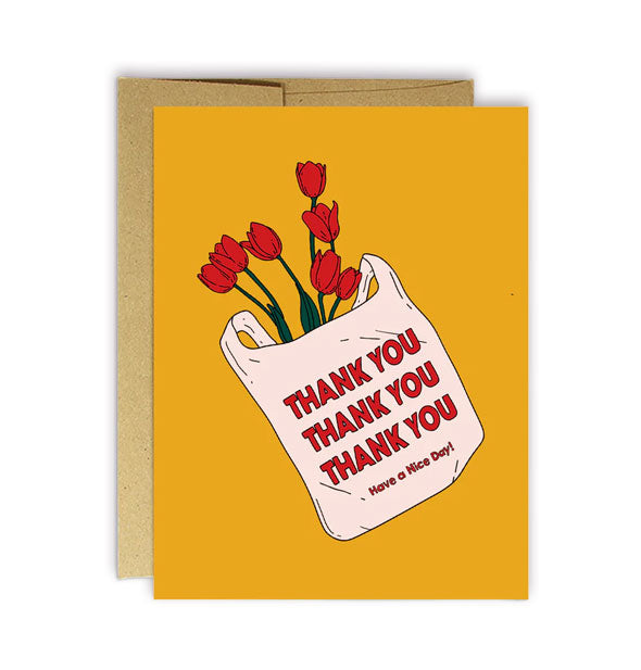 Goldenrod greeting card with kraft envelope features illustration of a shopping bag with repeated "Thank you" message and "Have a nice day!" at the bottom holding red roses