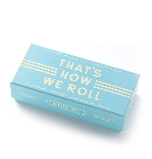 Rectangular blue box says "That's How We Roll: A Dice Set" in white lettering and design accents