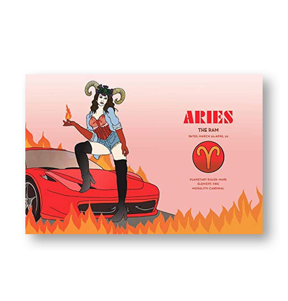Illustrated page spread from The Astrology of Love & Sex features a chapter on Aries: The Ram represented by a horned femme with one foot propped on the hood of a red sports car surrounded by flames