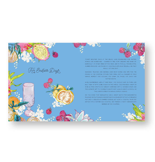Page spread from The Cocktail Garden features a chapter titled, "For Endless Days" with colorful illustrations