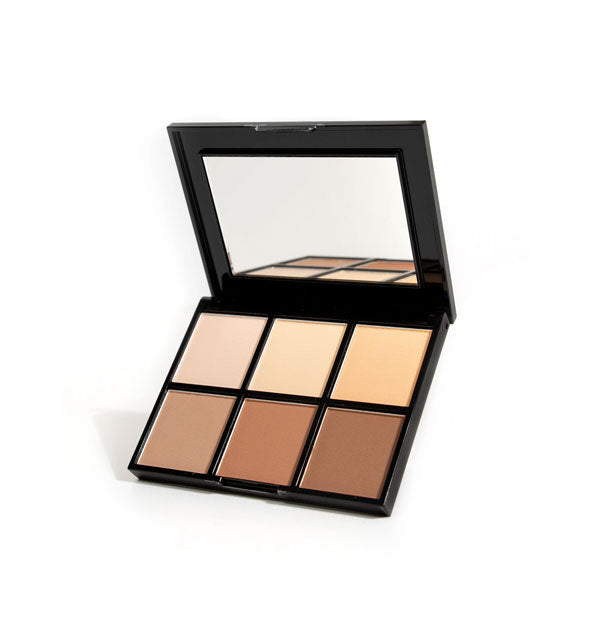 Six shades of highlighting and contouring pressed powders in a black rectangular palette with mirror