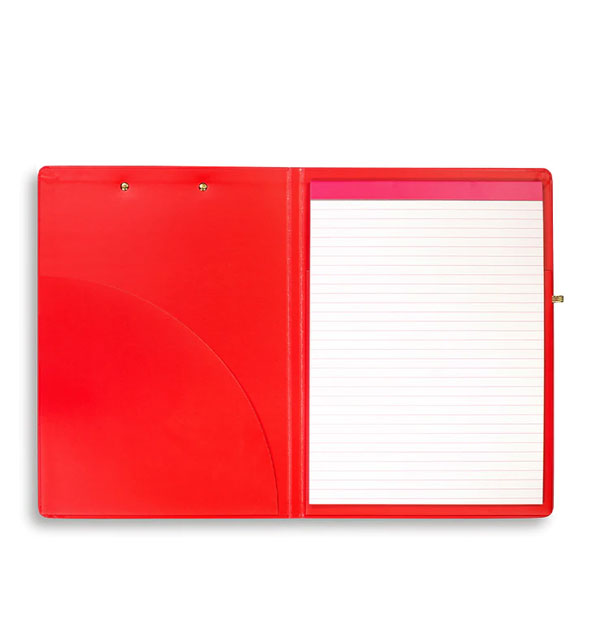 Red-orange clipboard folio interior with lined notepad and elastic pen loop at right