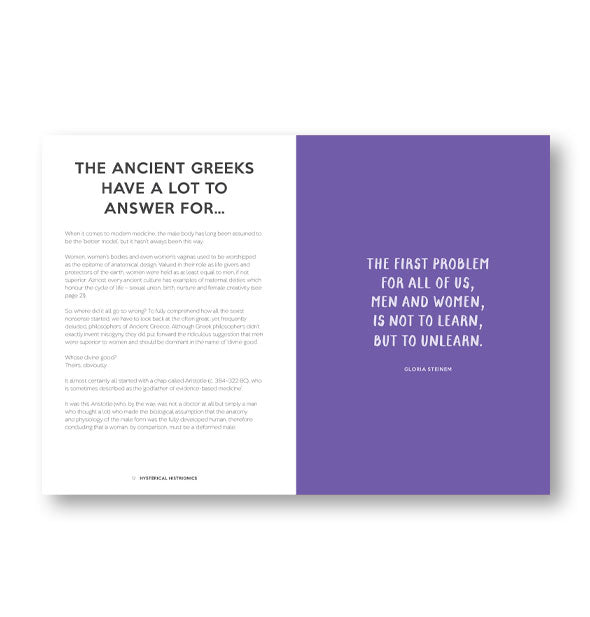 Page spread from The Happy Vagina features a section titled, "The Ancient Greeks Have a Lot to Answer For" alongside a quote by Gloria Steinem: "The first problem for all of us, men and women, is not to learn, but to unlearn."