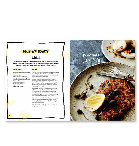 Inside page spread of The I'm So Hungover Cookbook with a photograph and recipe for Post-Lit-Schnit