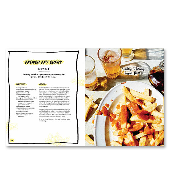 Inside page spread of The I'm So Hungover Cookbook with a photograph and recipe for French Fry Curry