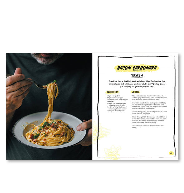 Inside page spread of The I'm So Hungover Cookbook with a photograph and recipe for Bacon Carbonara