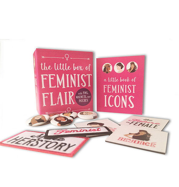 Contents of The Little Box of Feminist Flair: round portrait magnets and rectangular magnets and embroidered patches