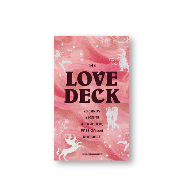 Box of The Love Deck cards features swirling pink pattern with white celestial-themed illustrations