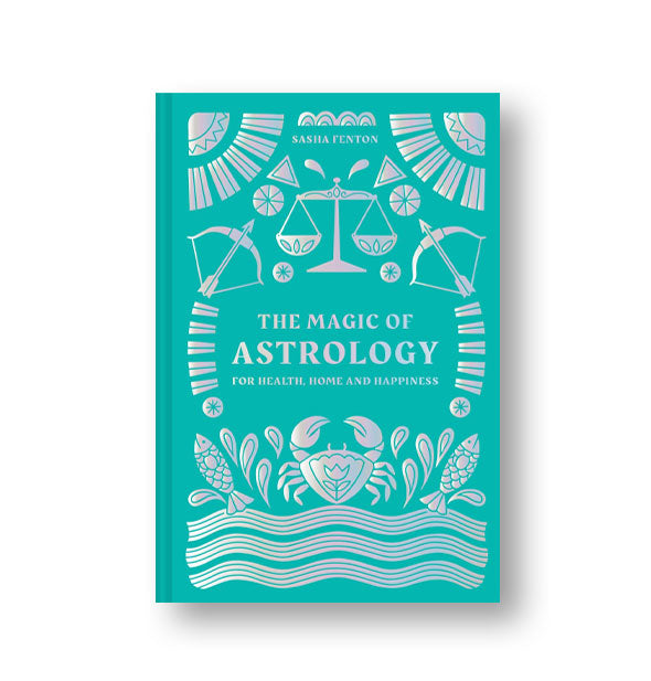 Teal cover of The Magic of Astrology with all-over holographic illustrations in a zodiac design motif