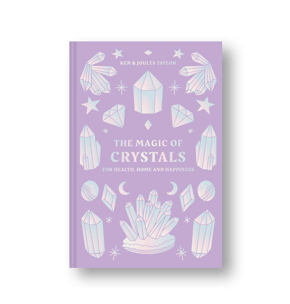Purple cover of The Magic of Crystals features all-over pastel illustrations of gemstones