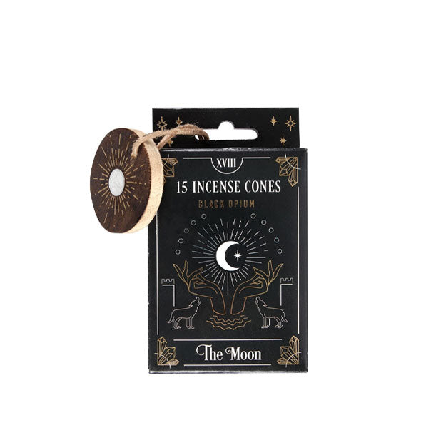 Black pack of 15 incense cones in Black Opium scent with The Moon tarot card design theme and wooden incense holder disc attached