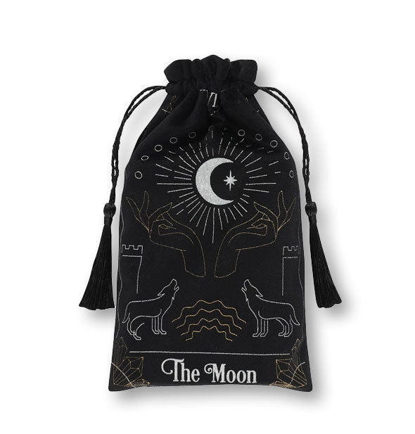 Black drawstring pouch says, "The Moon" in silver lettering surrounded by mysterious themed illustrations