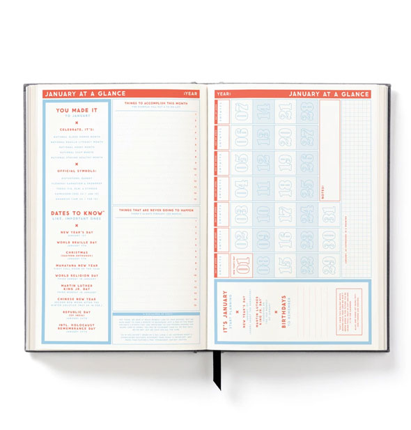 The Perpetually Late Show Undated Daily Planner interior open to "January at a Glance" section