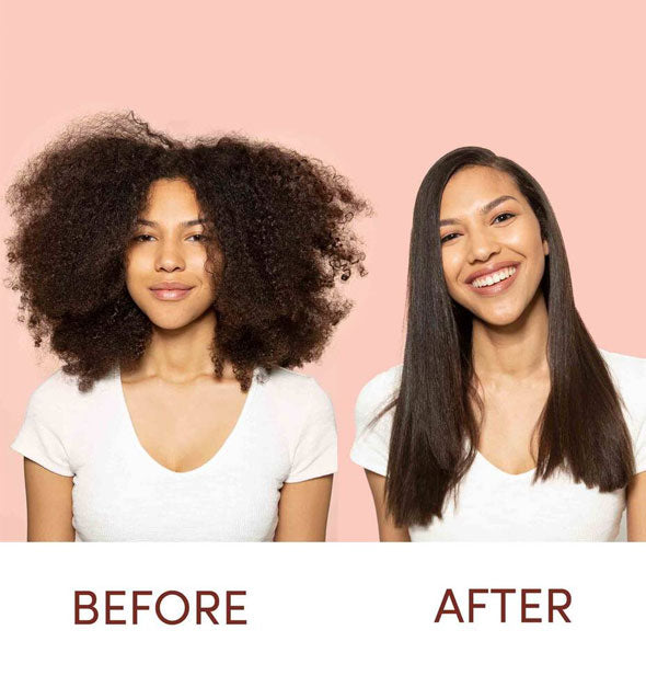 Before and after styling hair with Mizani Therasmooth Smooth Guard