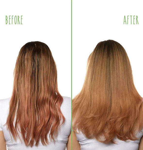 Side-by-side comparison of model's hair before and after styling with Biolage thermal Active Spray