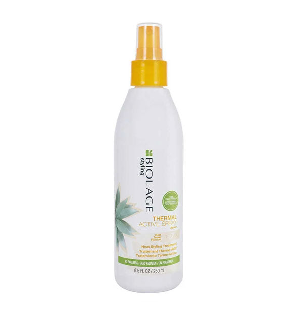 White 8.5 ounce bottle of Biolage Styling Thermal Active Spray with yellow and green accents