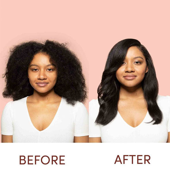 Before and after styling hair with Mizani Therasmooth Shine Extend