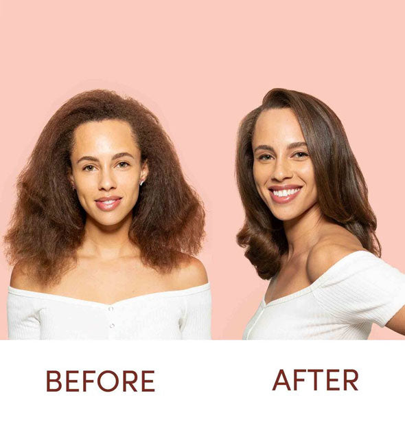 Before and after styling hair with Mizani Therasmooth Shine Extend