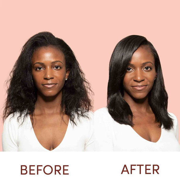 Before and after styling hair with Mizani Thermastrength Heat Protecting Serum