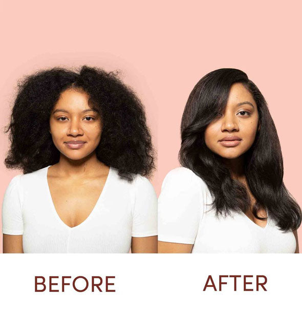 Before and after styling hair with Mizani Thermastrength Heat Protecting Serum