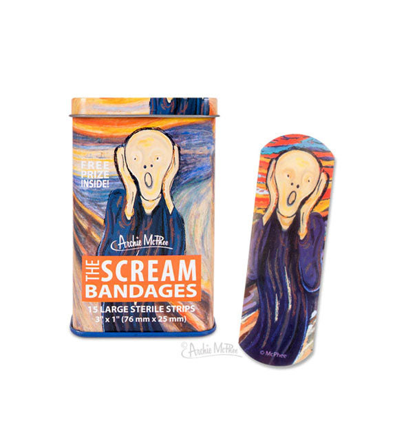 Tin of Edvard Munch's The Scream Bandages with enlarged sample bandage shown to right