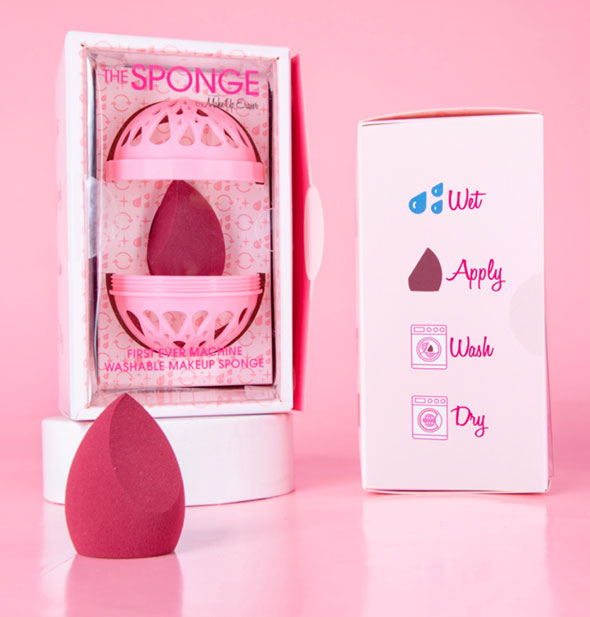 The Sponge by Makeup Eraser with box packaging that says, "Wet, Apply, Wash, Dry"