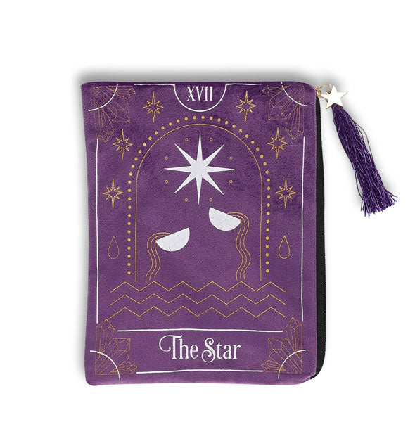 Rectangular purple pouch with tassel and star charm zipper pull features The Star tarot card artwork in white and gold