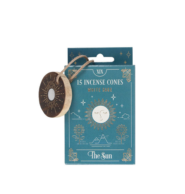 Teal pack of 15 incense cones in White Sage scent with The Sun tarot card design theme and wooden incense holder disc attached