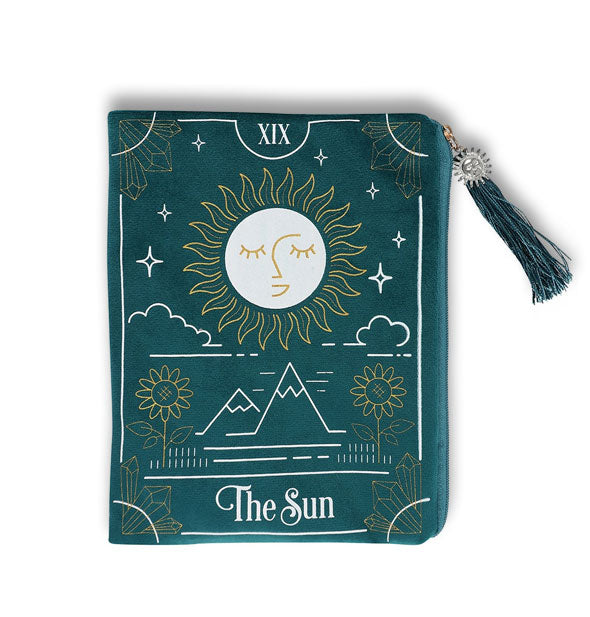 Rectangular teal pouch with tassel and sun charm zipper pull features The Sun tarot card artwork in white and gold