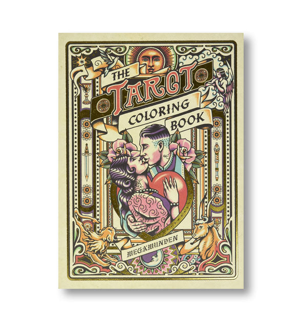 Cover of The Tarot Coloring Book by Megamunden features colorful all-over illustrations in various tarot card themes