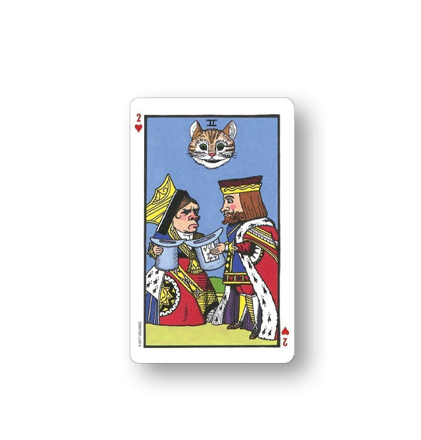 Card from The Wonderland Tarot Deck features an illustration of the king and queen with cheshire cat face above