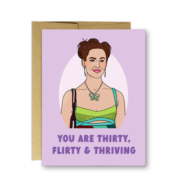 Purple greeting card with illustration of Jennifer Garner's character in the film 13 Going on 30 says, "You Are Thirty, Flirty & Thriving"