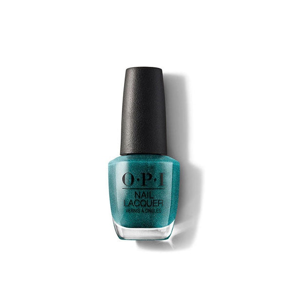 Bottle of OPI Nail Lacquer in a dark, shimmery blue-green shade
