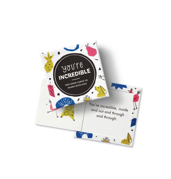 You're incredible card box with playful illustrations features a card printed with the phrase, "You're incredible, inside and out and through and through."