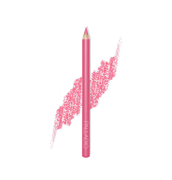 Palladio liner pencil in a bubblegum pink shade with drawn product sample behind