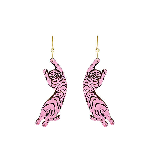 Pair of pink carved tiger earrings on gold hoops