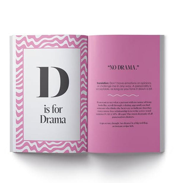 Page spread from Tinder Translator features a chapter titled, "D is for Drama"