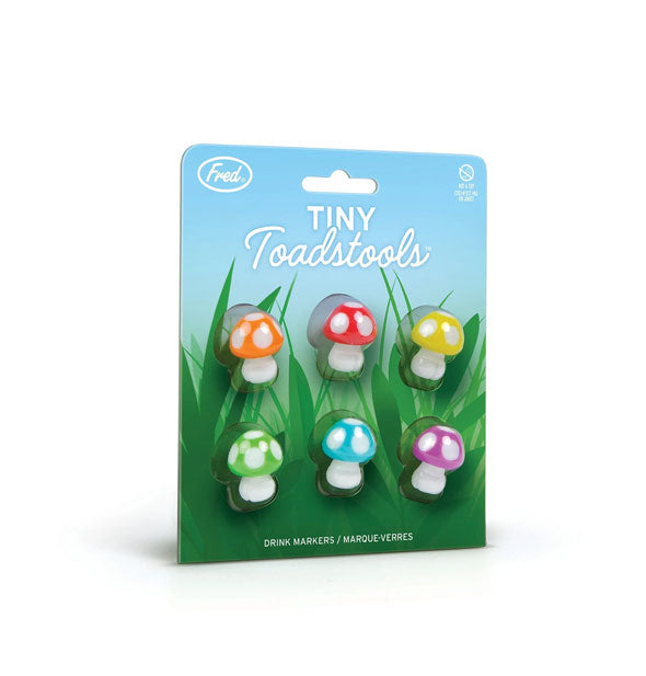 Colorful Tiny Toadstools mushroom drink markers attached to Fred blister card