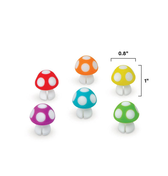 Grouping of six one inch tall red, orange, yellow, purple, blue, and green spotted mushroom drink markers