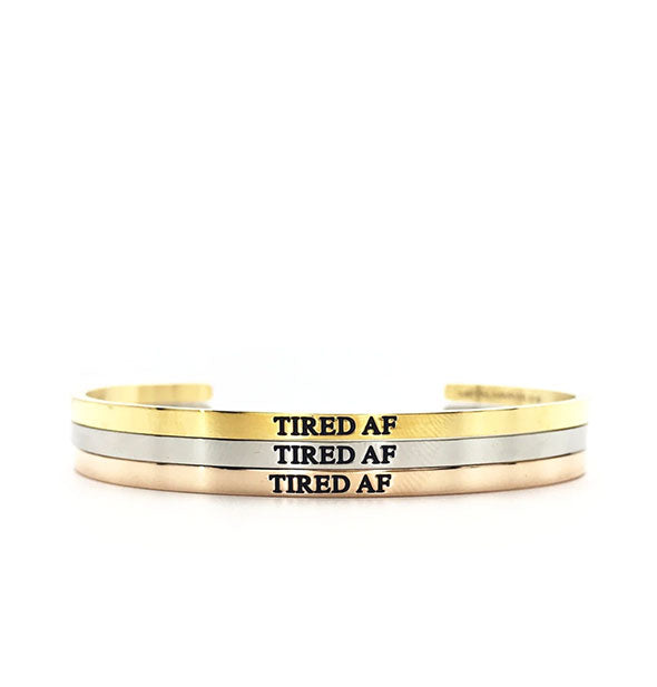 metal tired af bangles in gold silver and rose gold