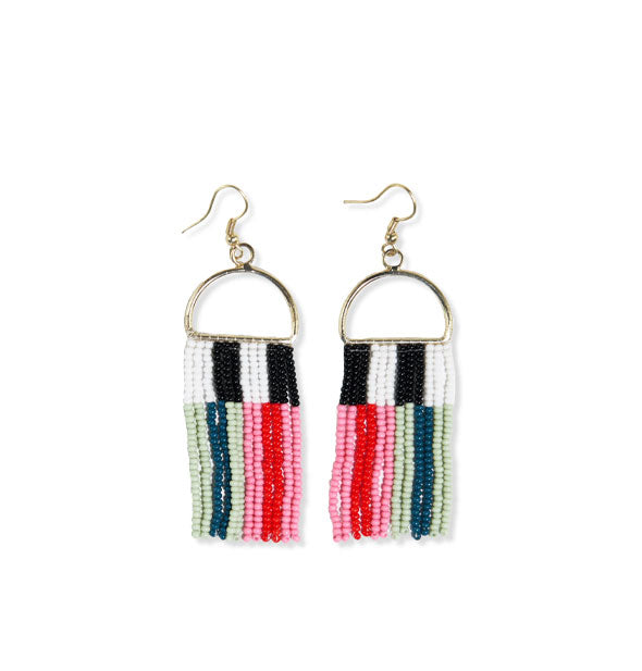 Pair of beaded fringe earrings with black, white, green, teal, pink, and red color blocked design