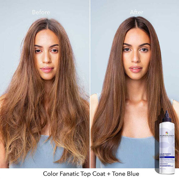 Model's hair results before and after using Pureology Color Fanatic Top Coat + Tone Blue orange neutralizing treatment for brunettes