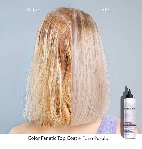 Model's hair results before and after using Pureology Color Fanatic Top Coat + Tone Purple yellow neutralizing treatment