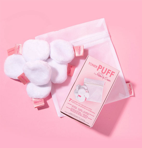 Toner Puffs by MakeUp Eraser with laundry bag and box packaging