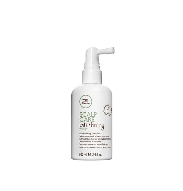 White 3.4 ounce bottle of Paul Mitchell Tea Tree Scalp Care Anti-Thinning Tonic with targeted application nozzle
